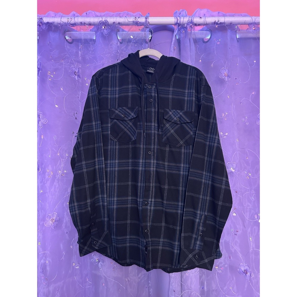 Burnside Men's Hooded Plaid Button-Up Shirt Black Blue XL Pockets Long Sleeve
